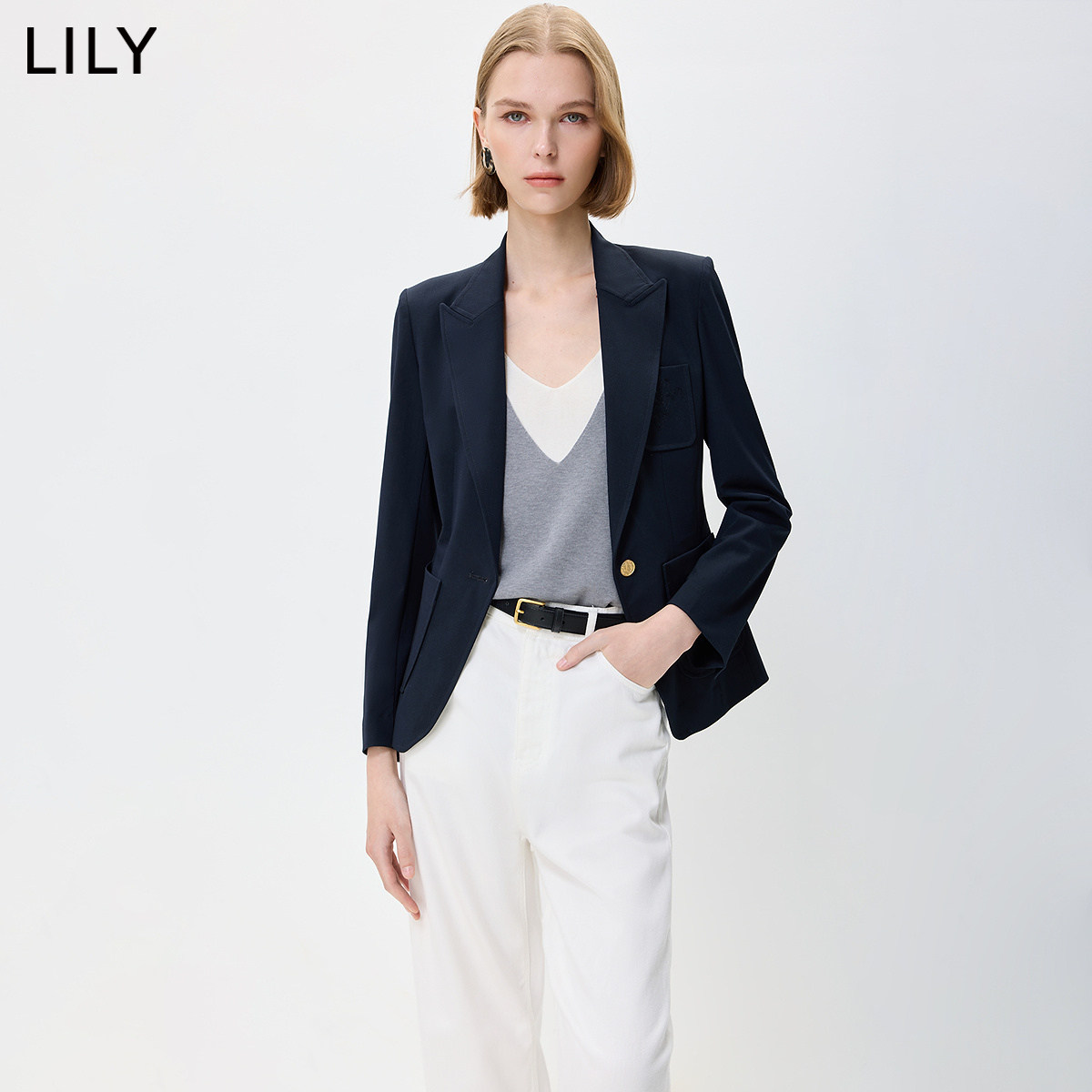 LILY2026秋新款复古老钱风单排扣休闲轻商务通勤藏青色西装外套女