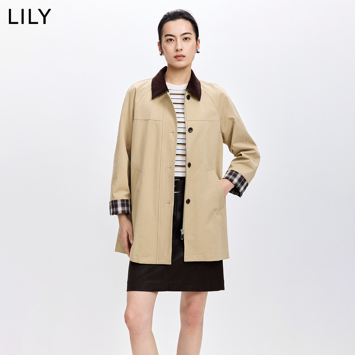 LILY2026春新款纯棉复古撞色翻领宽松休闲通勤百搭长袖风衣外套女