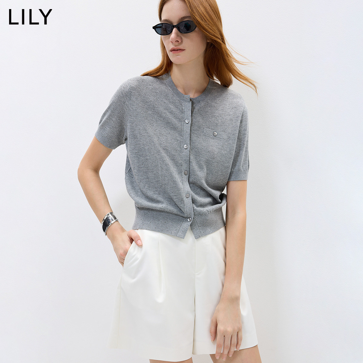 LILY秋新含亚麻短袖针织开衫女