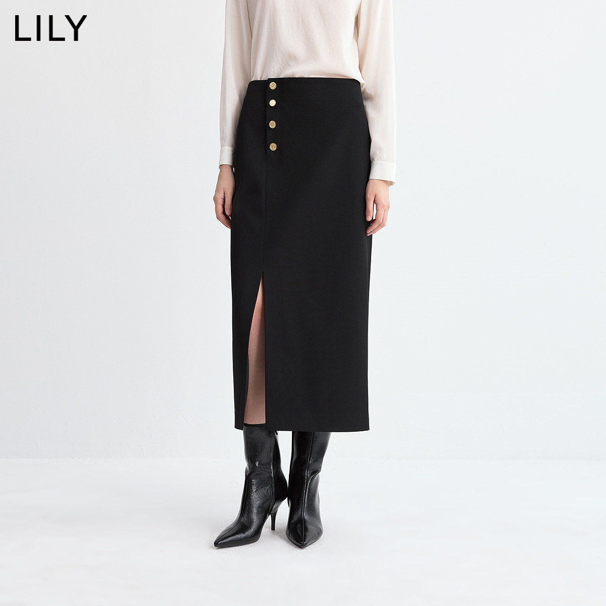 LILY2026冬新款复古休闲通勤前开叉黑色长款直筒半身裙女一步裙