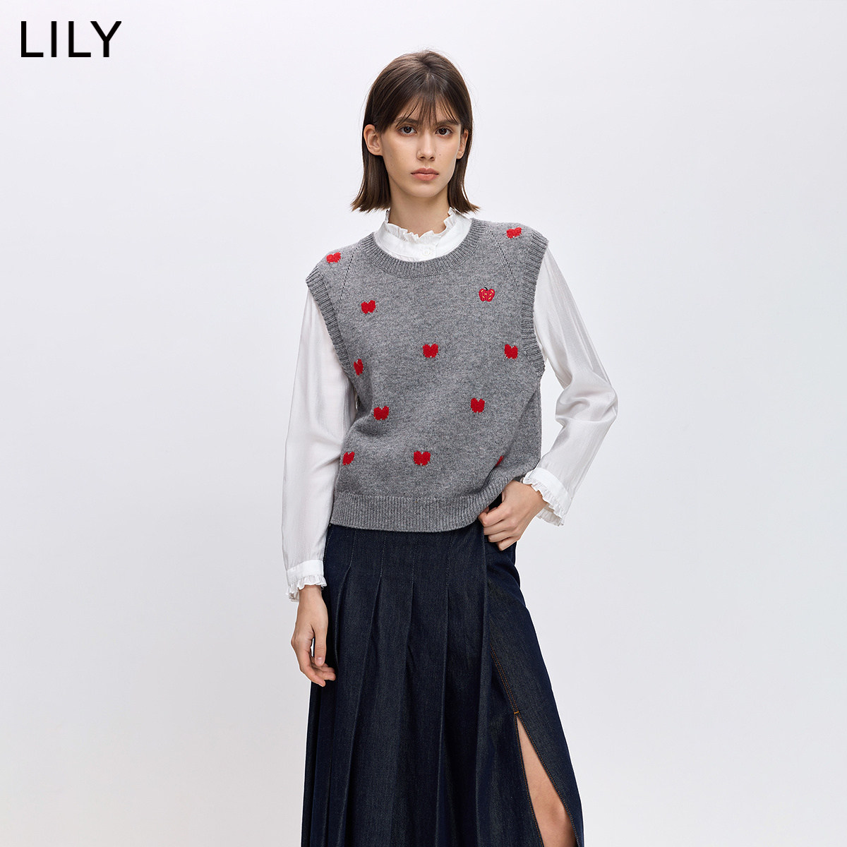 LILY2026春新款女装含羊毛撞色平安果提花苹果刺绣针织衫背心马甲