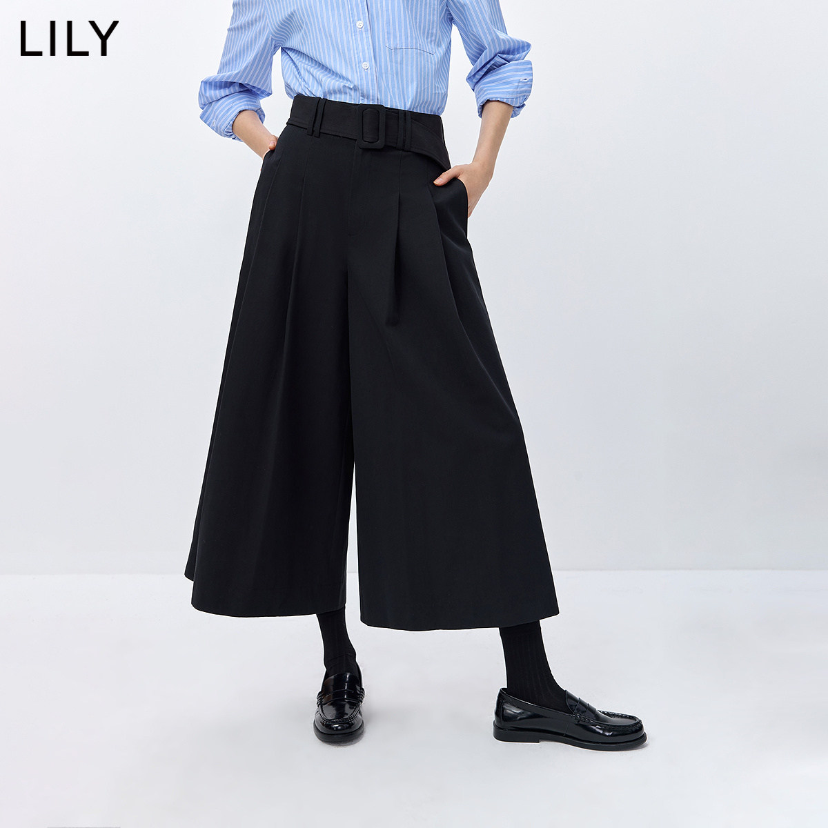 LILY2026春新款女装莱赛尔棉混纺腰带压褶休闲通勤A字七分裤裙裤