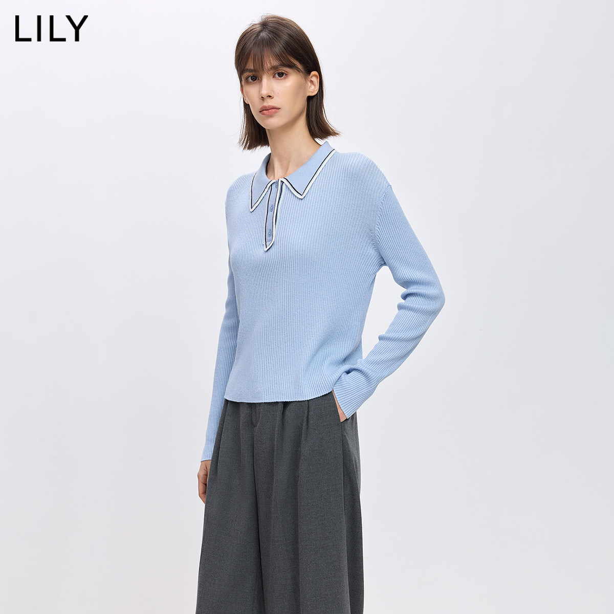 LILY2026春新款女装含羊毛撞色POLO领休闲气质通勤修身蓝色针织衫