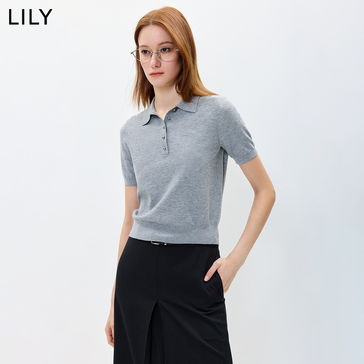 LILY2026秋新款含羊毛格雷系POLO领休闲通勤灰色短袖针织衫女短款