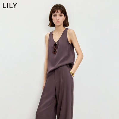 LILY2026夏新款女装含莱赛尔羊毛无袖U领无花果色雪纺衫吊带背心