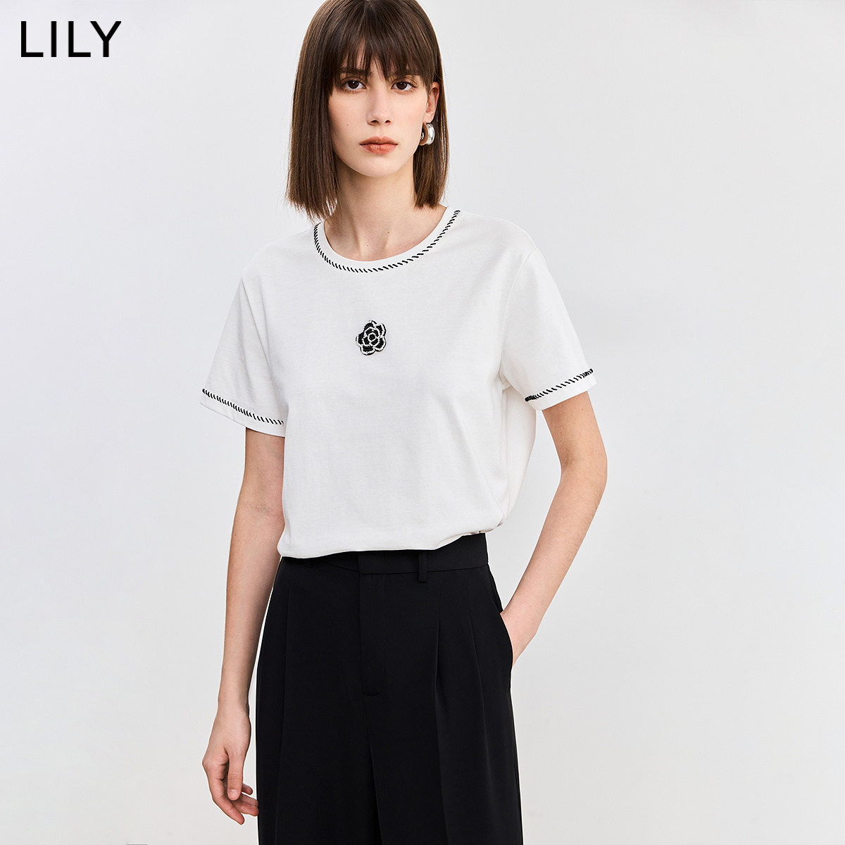 LILY夏季全棉撞色串珠短袖T恤