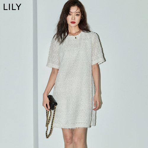 LILY2026夏新款女装简约肌理感气质通勤圆领白色短袖连衣裙小个子