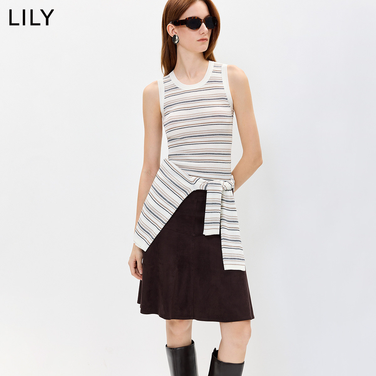 LILY2026秋新款女装含莱赛尔亚麻撞色条纹套头圆领针织衫无袖背心