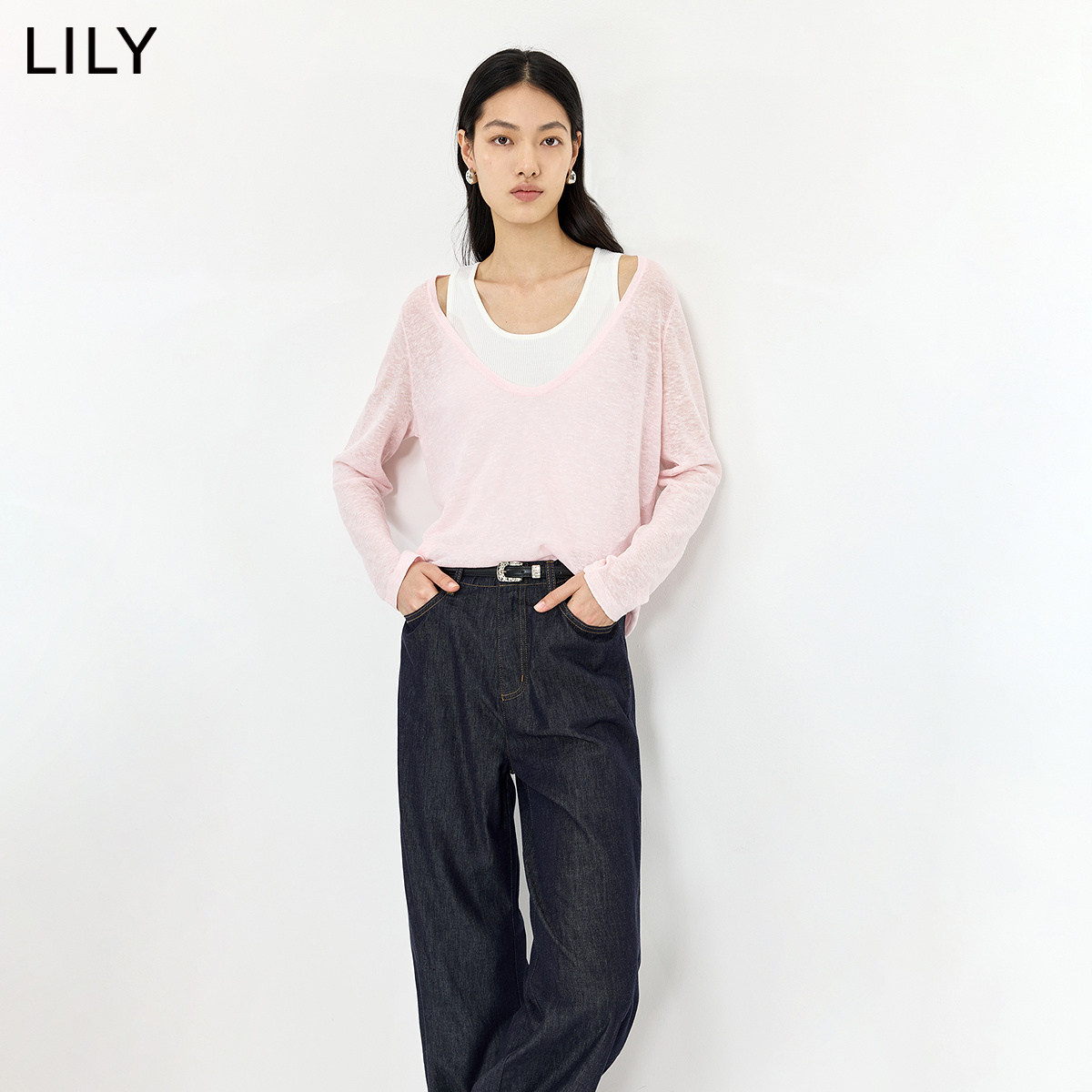 LILY2026夏新款女装简约两件套吊带背心纯色大V领长袖针织衫罩衫