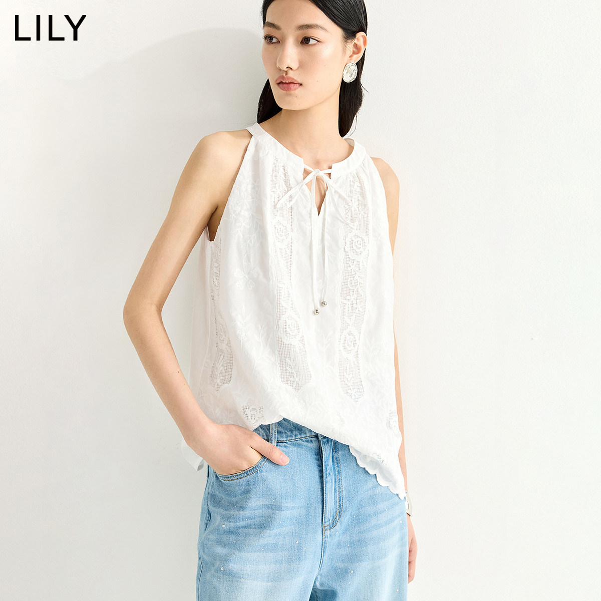 LILY2026夏新款纯棉法式重工蕾丝刺绣圆领休闲白色背心套头小衫女