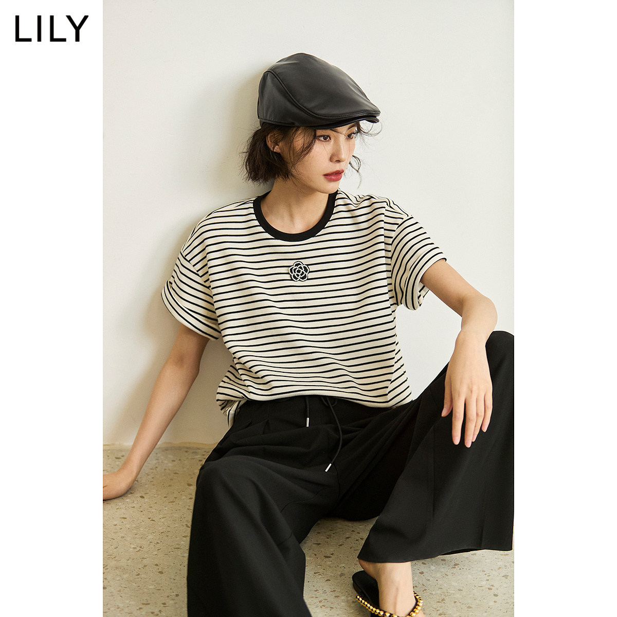 LILY2026夏新款简约休闲通勤百搭宽松撞色条纹短袖T恤短款女上衣
