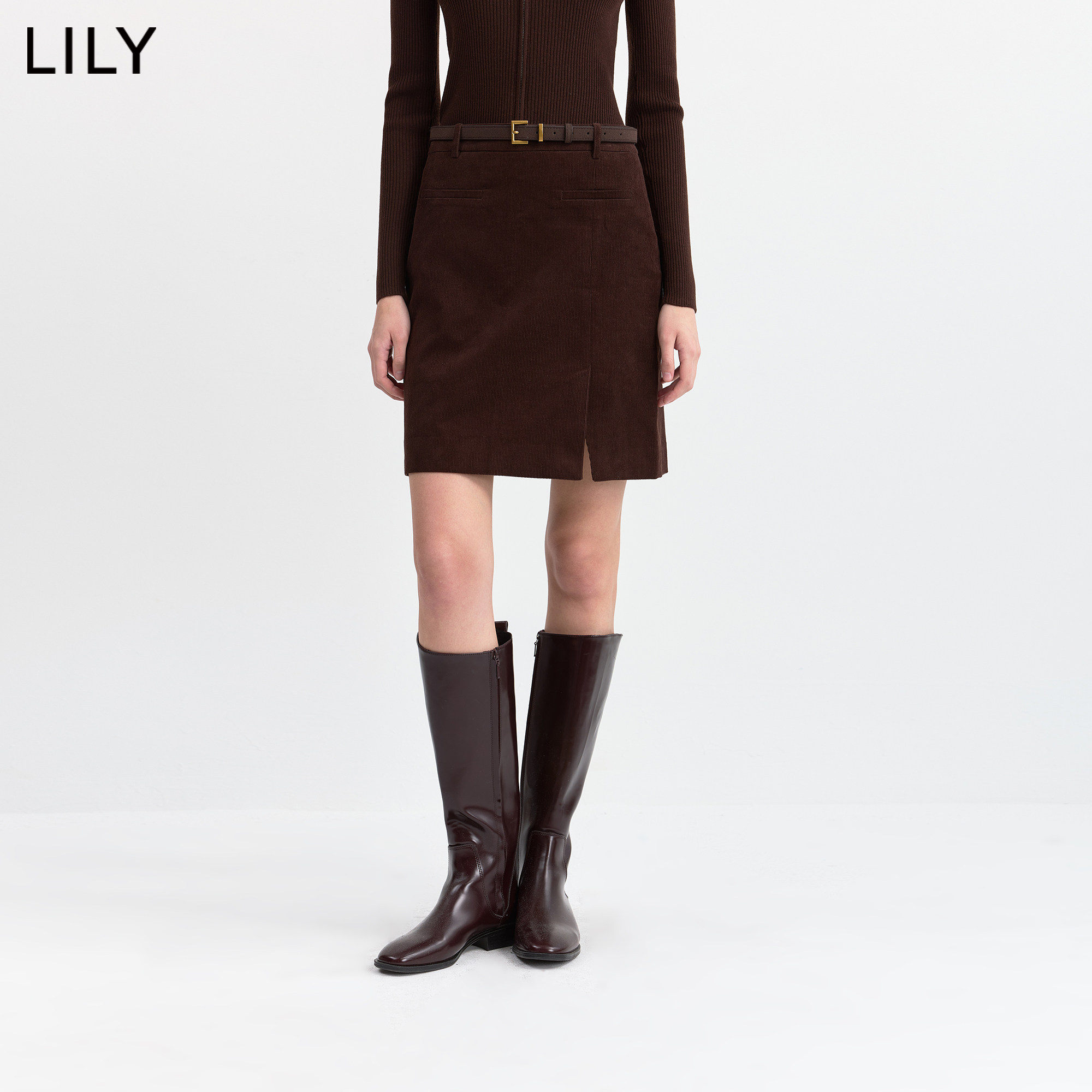 LILY2026冬新款女装纯棉复古灯芯绒高腰开叉休闲通勤半身裙A字裙