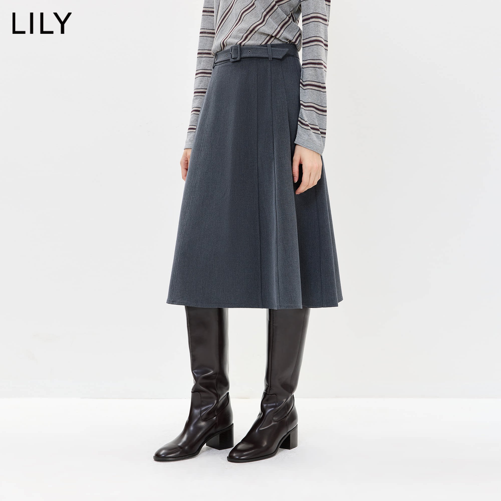 LILY2026秋新款格雷系简约复古宽松休闲通勤灰色A字半身裙伞裙女