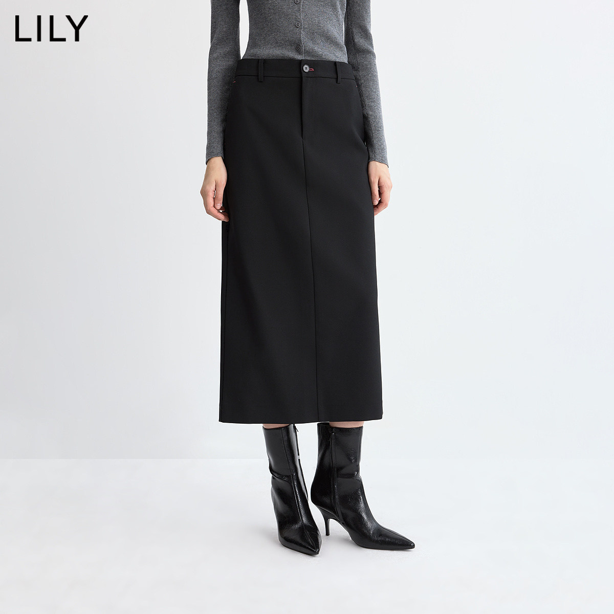 LILY2026冬新款女装羊毛混纺复古轻商务休闲通勤黑色直筒裙半身裙