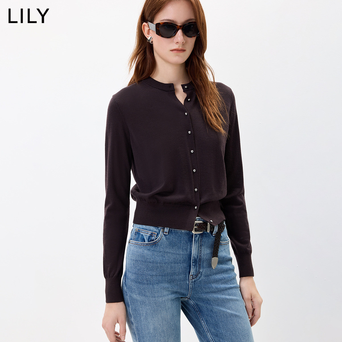 100%羊毛LILY2026秋新款简约圆领纯色正肩长袖针织开衫外套女短款