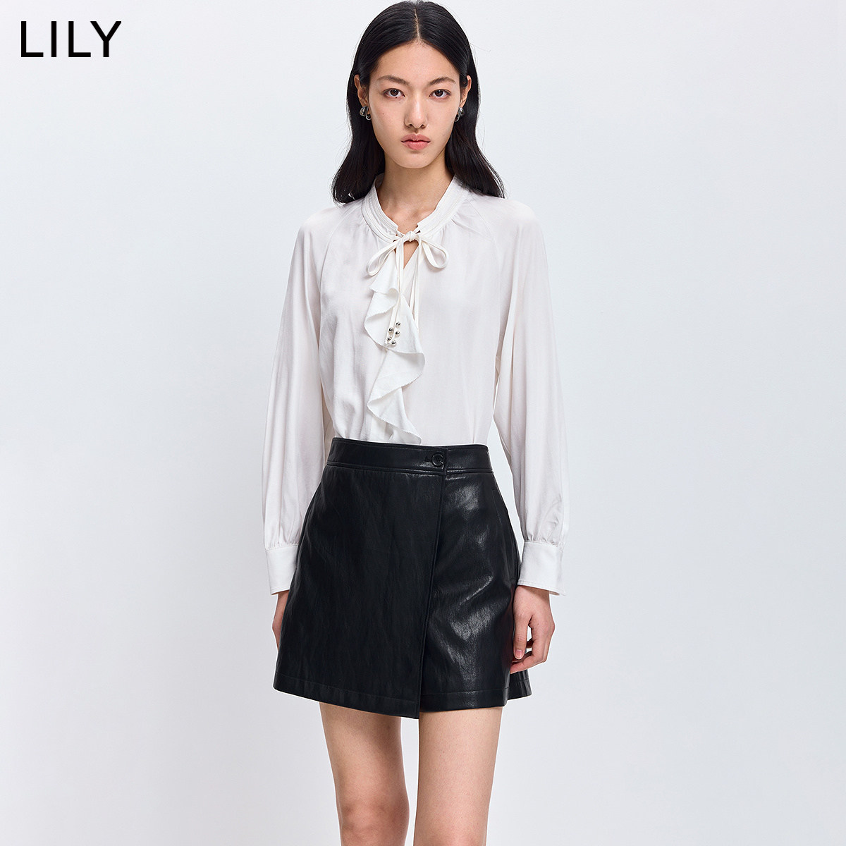 LILY2026春新款女装莱赛尔亚麻法式系带领荷叶边气质通勤白色衬衫