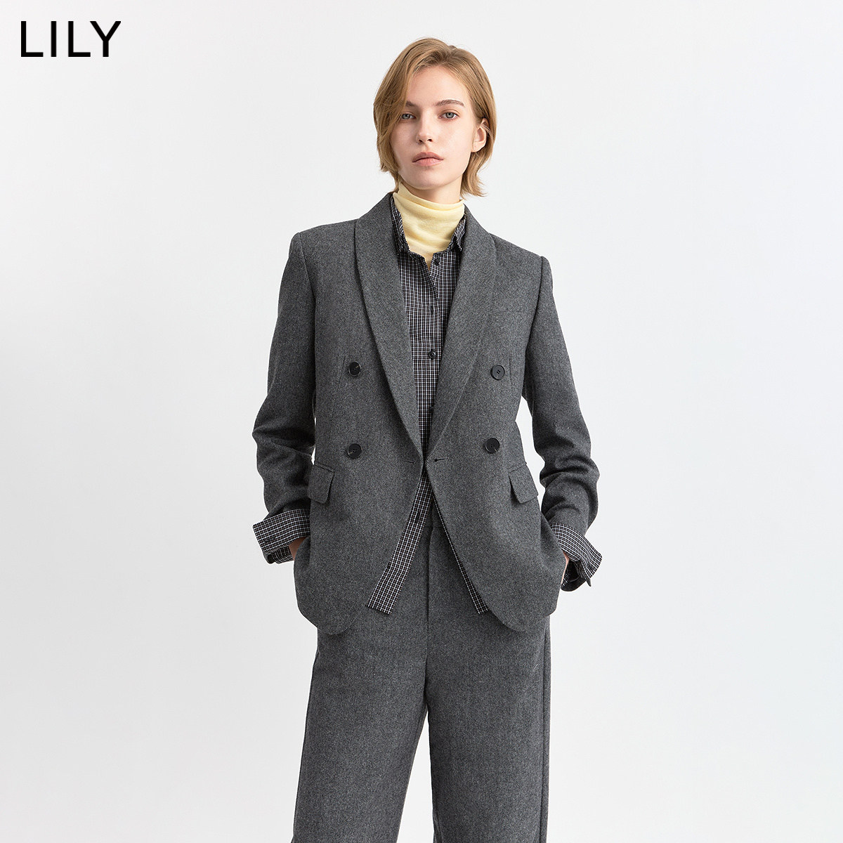 LILY2026冬新款女装羊毛混纺复古老钱风青果领轻商务通勤西装外套