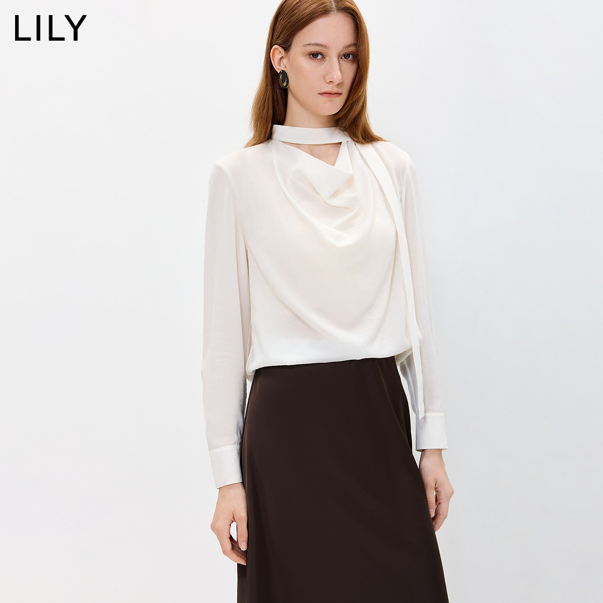 LILY秋新莱赛尔羊毛荡领雪纺衫