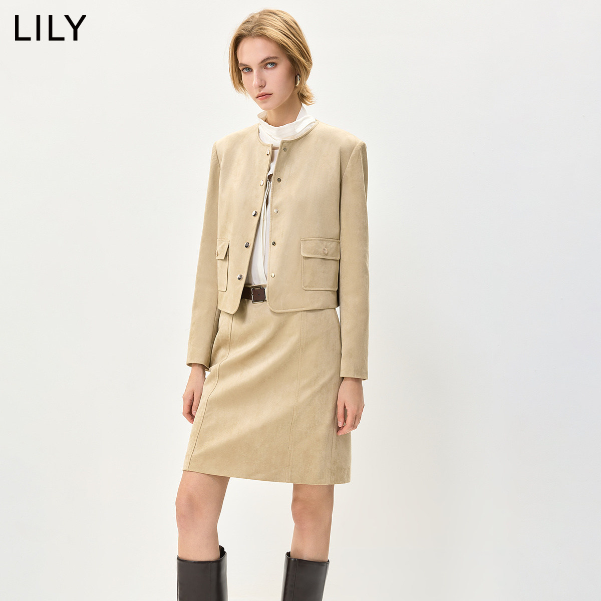LILY2026秋新款老钱风简约休闲通勤百搭微宽松圆领夹克外套女短款