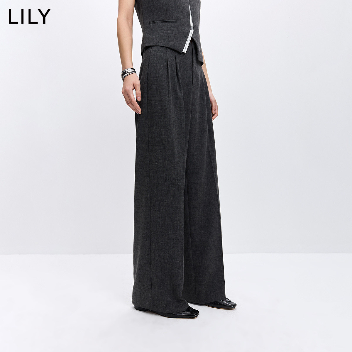 LILY2026春新款格雷系高腰宽松休闲通勤弹力灰色西裤直筒阔腿裤女