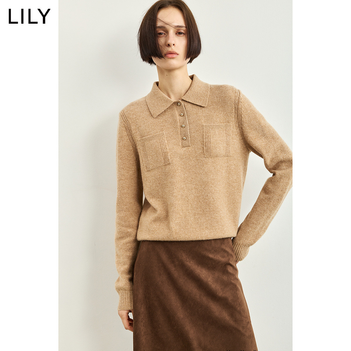 100%羊毛LILY2026冬新款复古POLO领休闲通勤套头长袖针织衫毛衣女