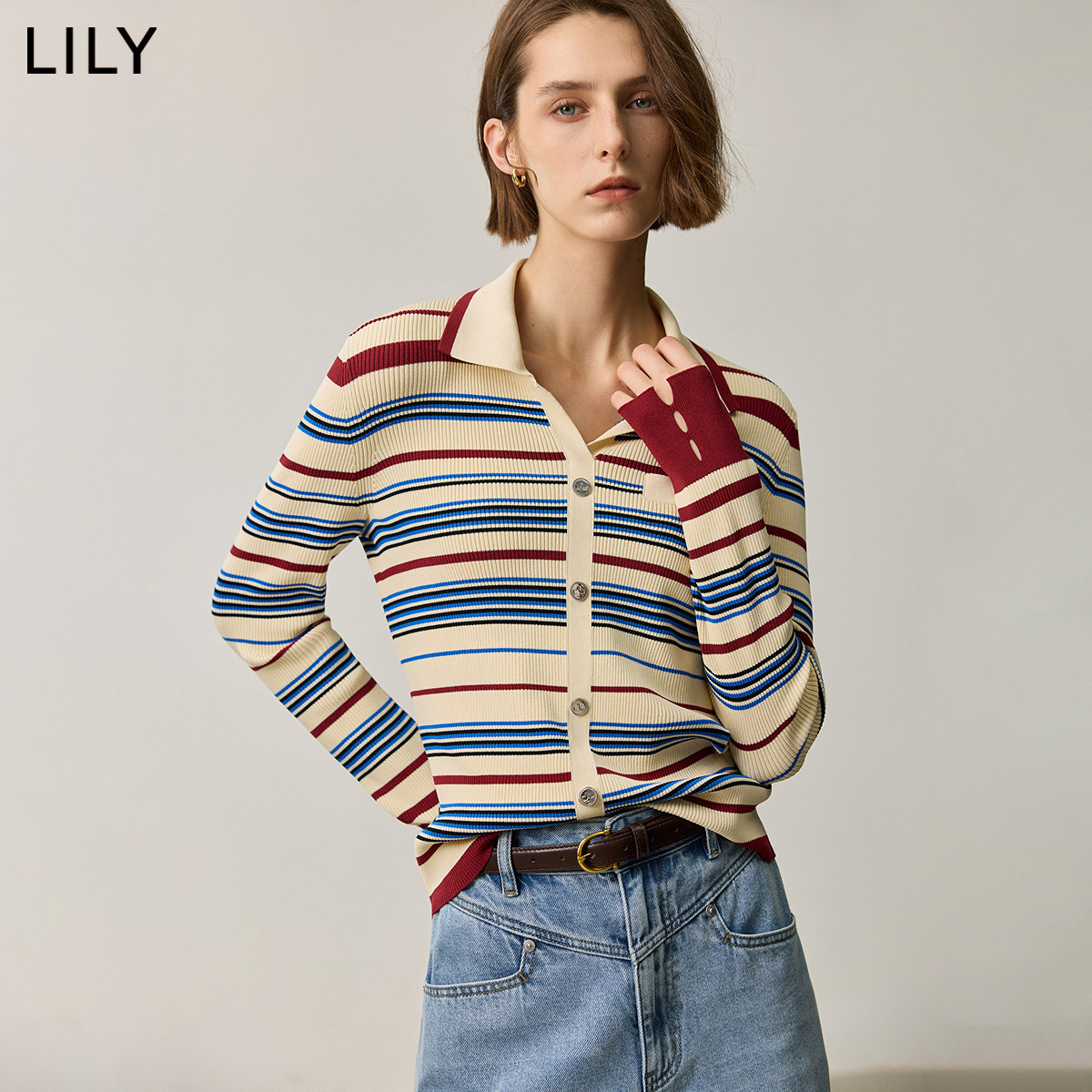 LILY2026秋新款复古翻领气质休闲撞色条纹修身针织开衫外套女短款