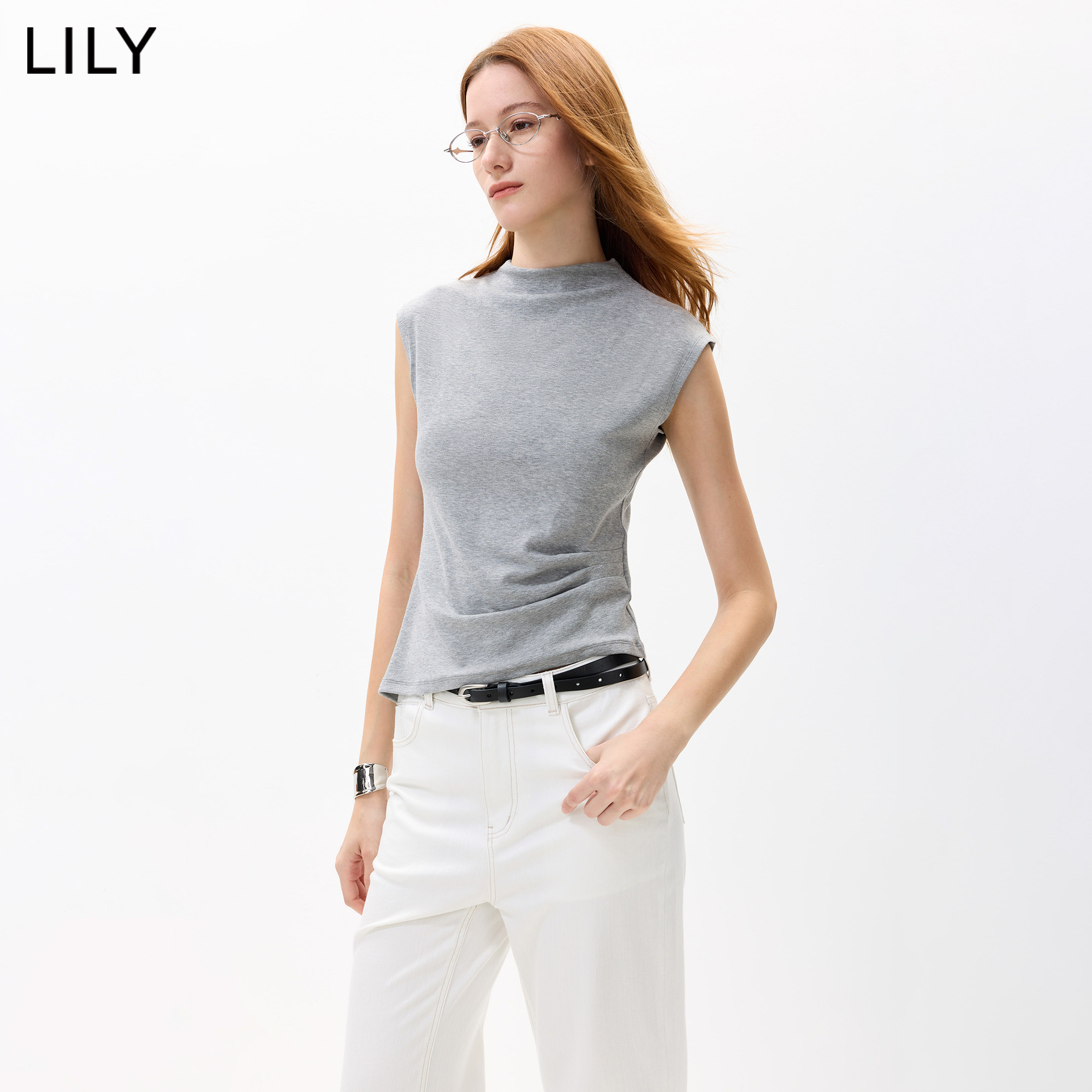 LILY2026秋新款含莱赛尔简约半高领不对称收腰修身无袖T恤女短款