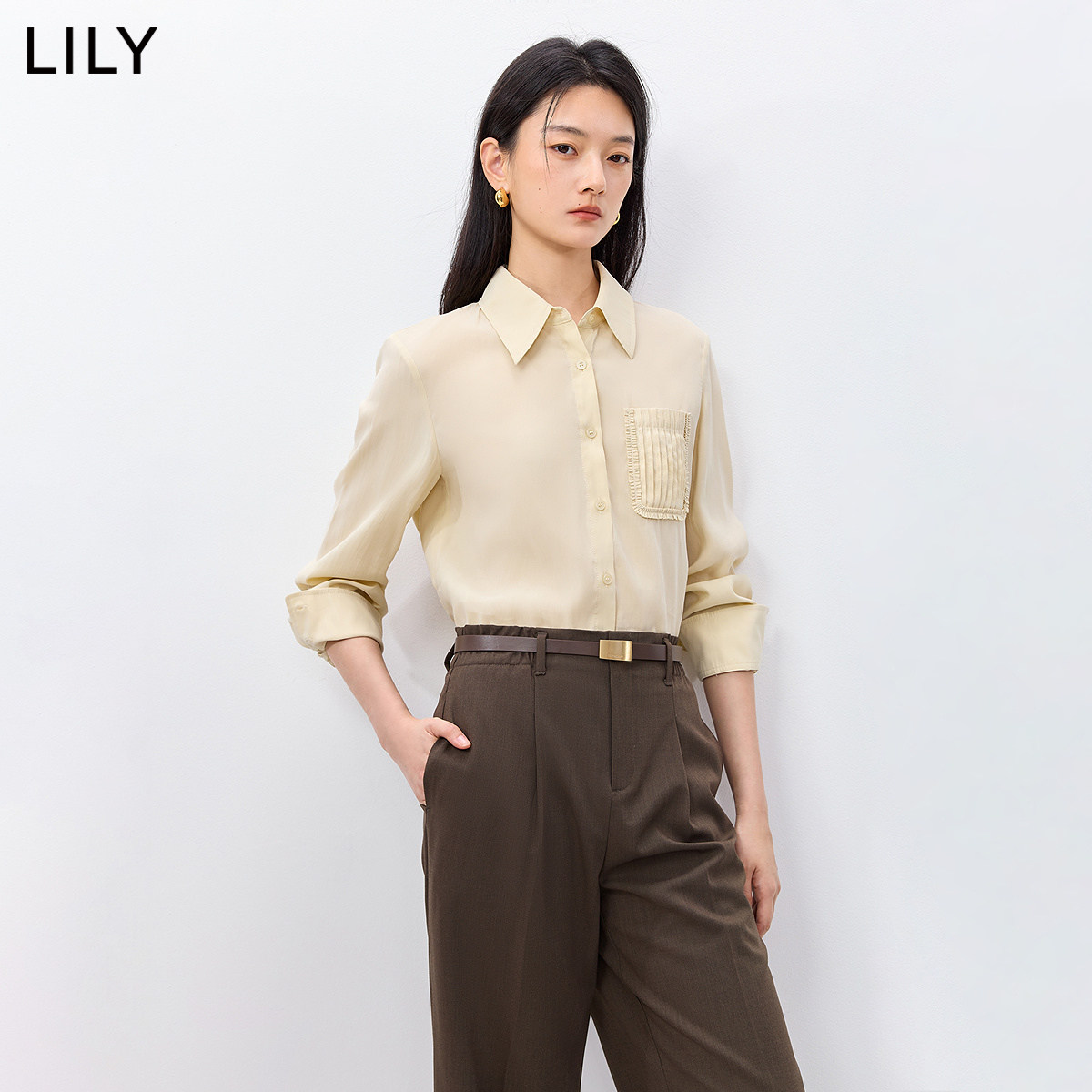 LILY2026春新款女装莫代尔混纺法式翻领垂感气质通勤浅色衬衫外套