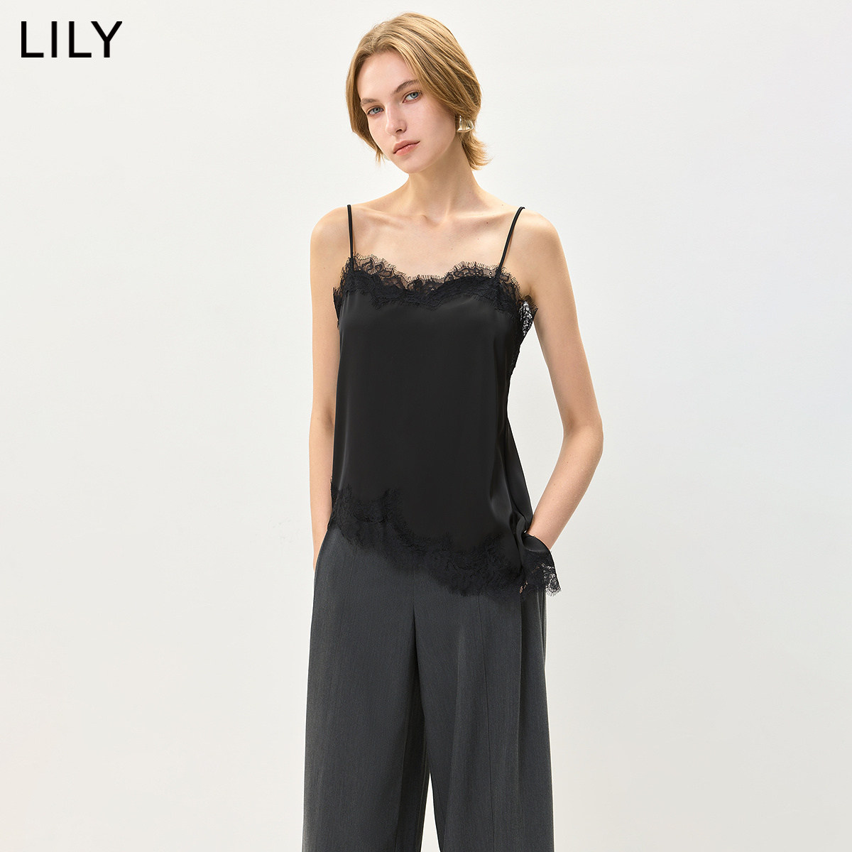 LILY2026秋新款法式蕾丝花边不对称垂感休闲百搭吊带雪纺衫女内搭
