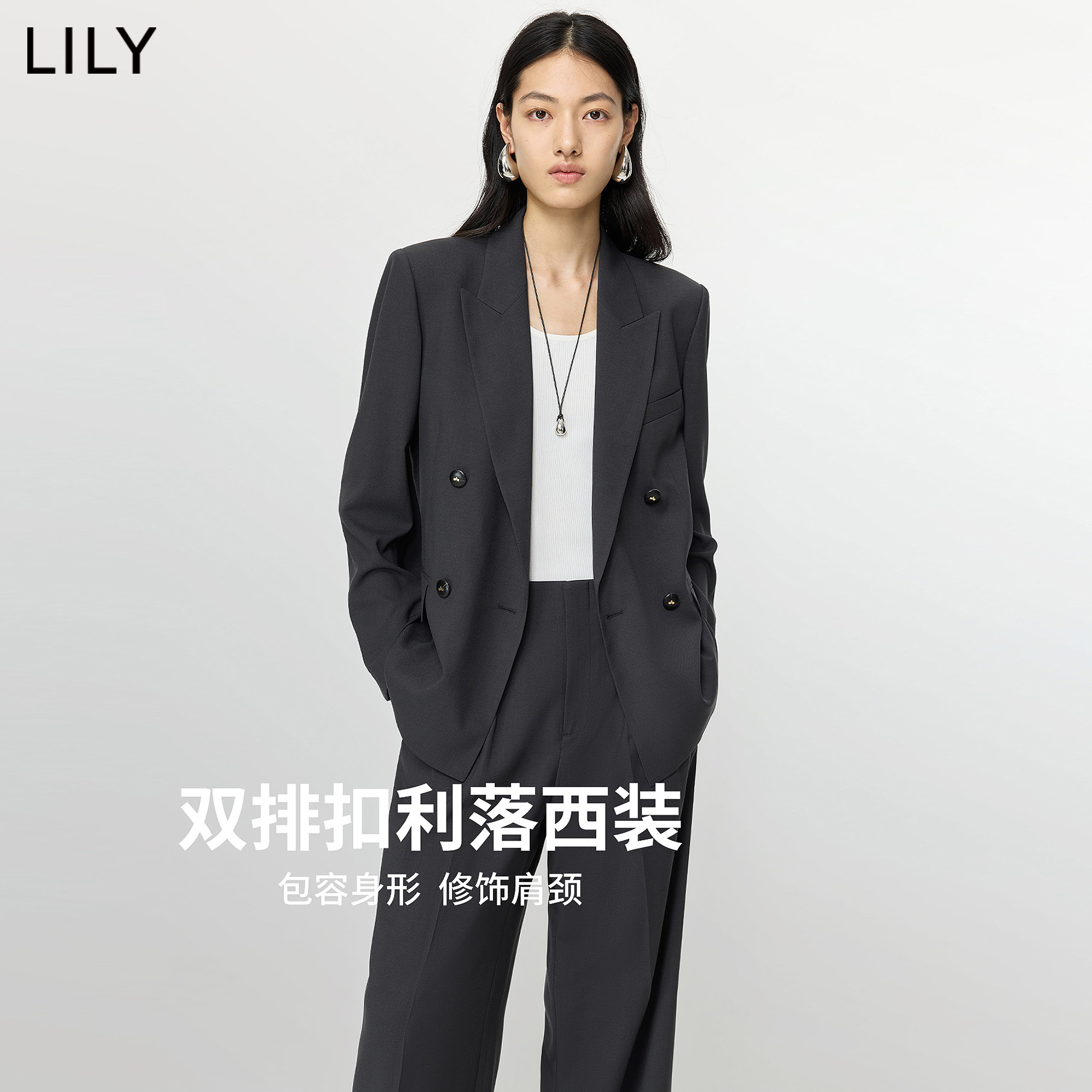 LILY夏新款双排扣宽松女西装挺括