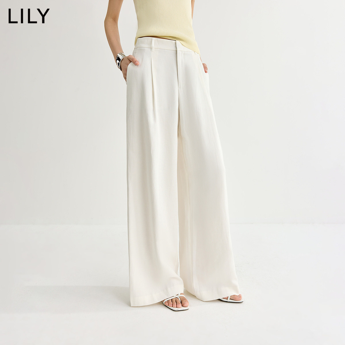LILY2026夏新款含亚麻简约老钱风松弛感宽松通勤白色直筒阔腿裤女
