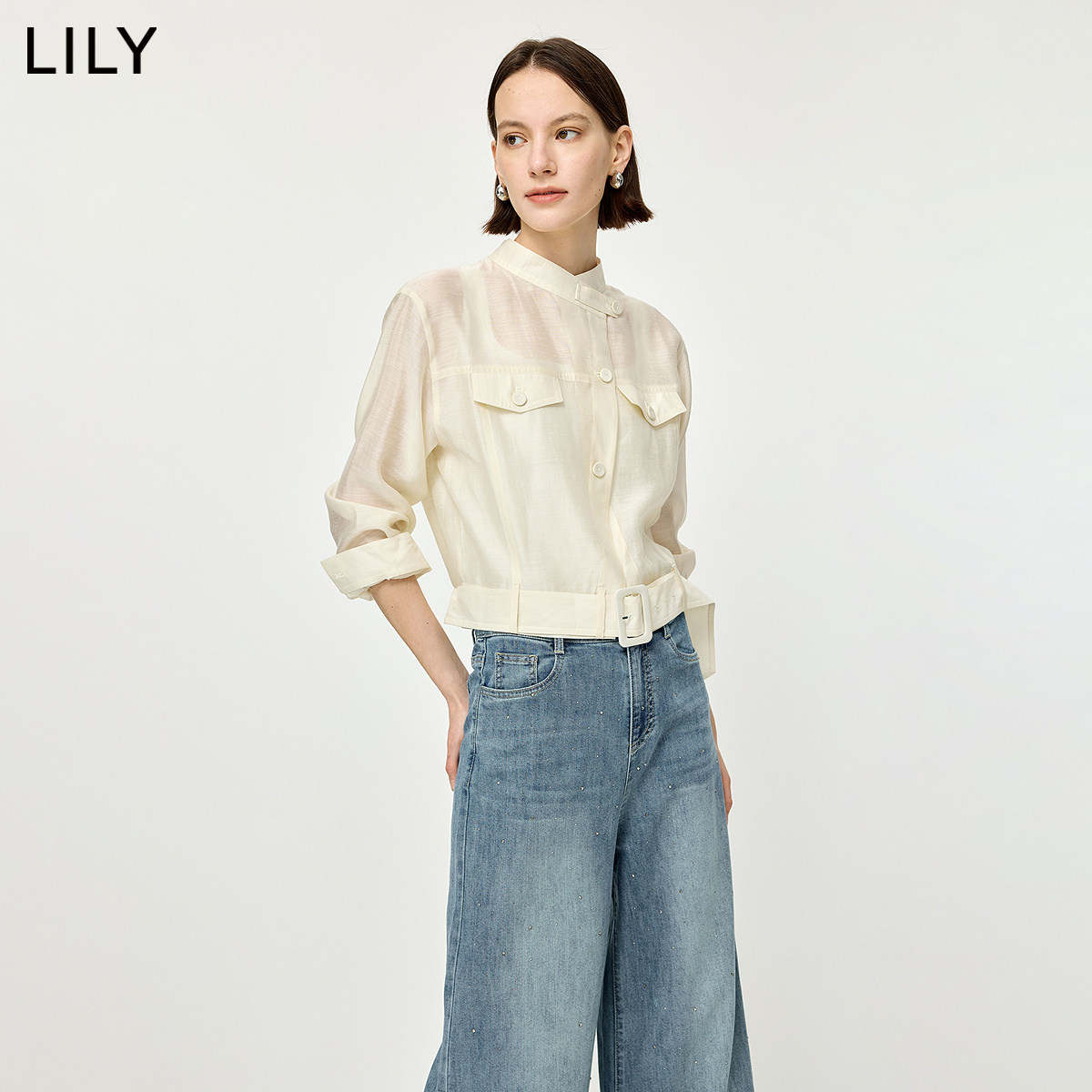 LILY2026夏新款莱赛尔醋酸混纺含亚麻微光感小立领长袖外套女短款