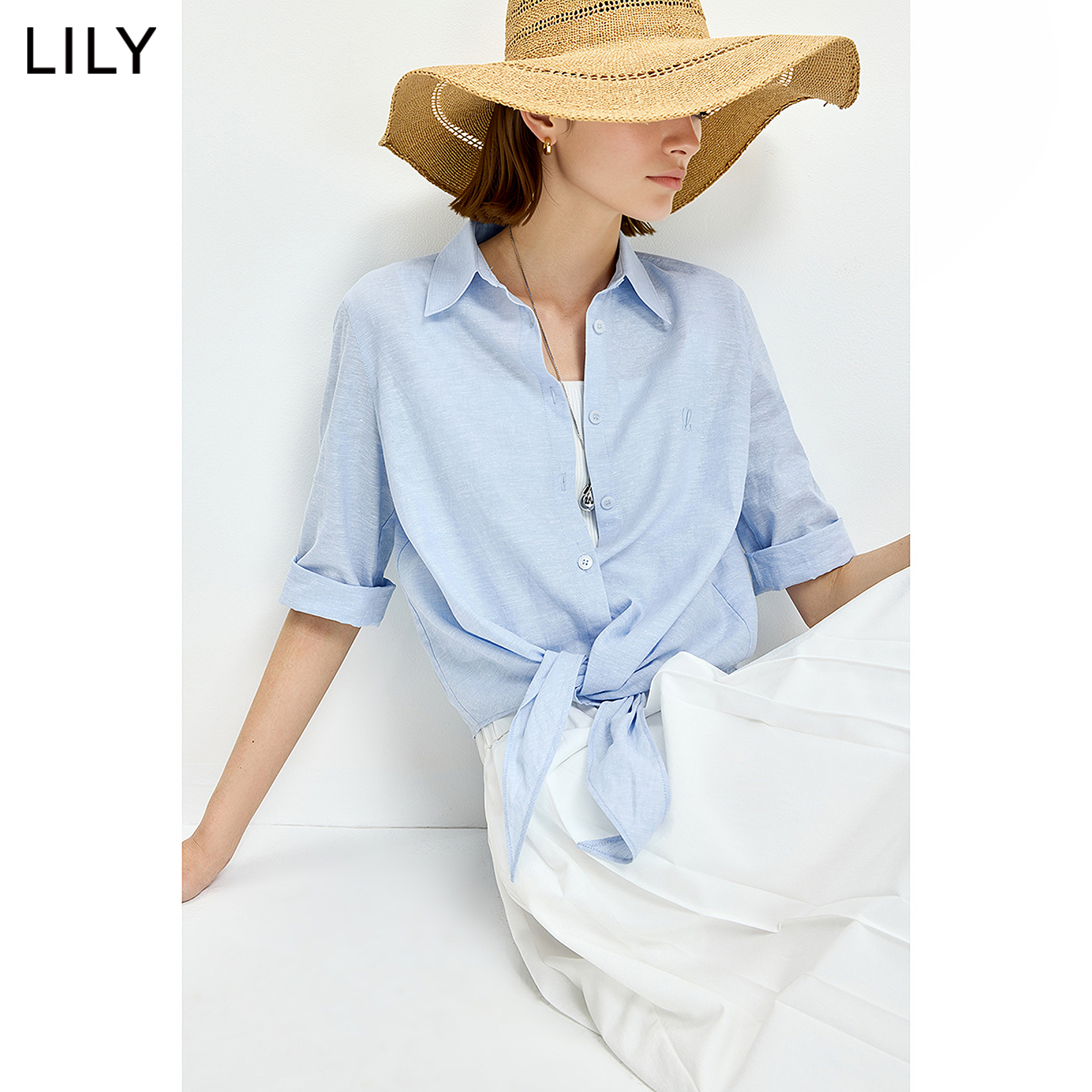 LILY2026夏新款女装棉麻混纺松弛感翻领设计感打结五分袖浅色外套