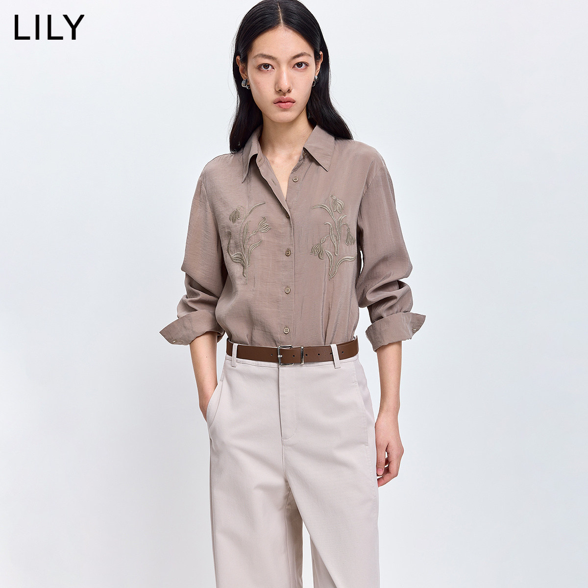 LILY2026春新款女装复古设计感撞色立体花卉刺绣薄款长袖衬衫外套