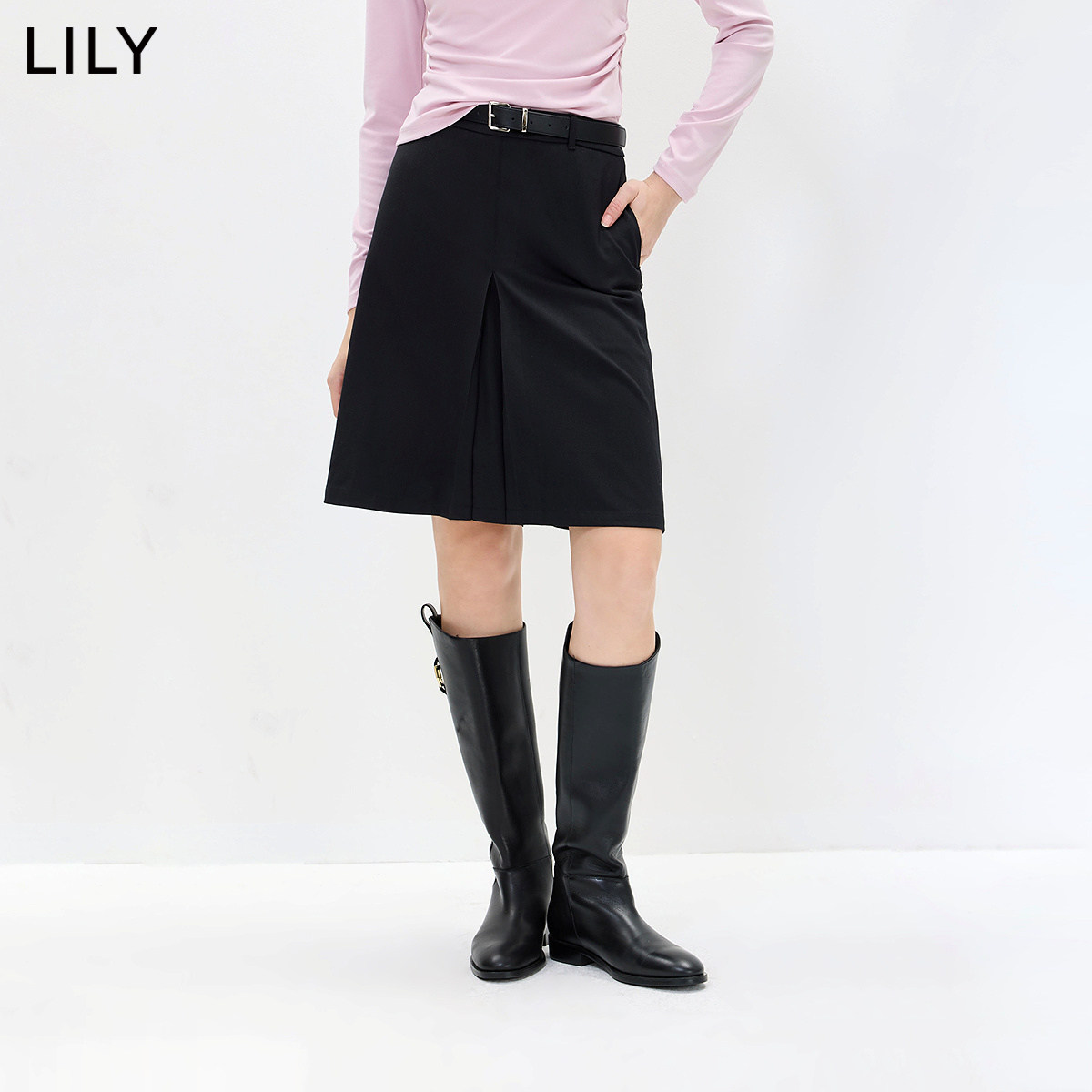 LILY2026秋新款复古中高腰压褶休闲通勤百搭黑色A字半身裙短裙女