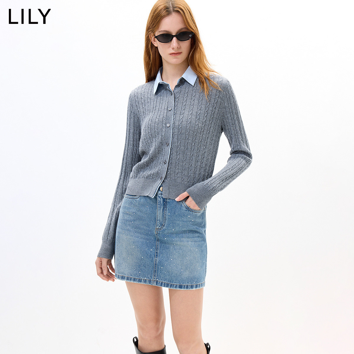 LILY2026秋新款女装含羊毛撞色翻领绞花休闲通勤长袖针织开衫外套