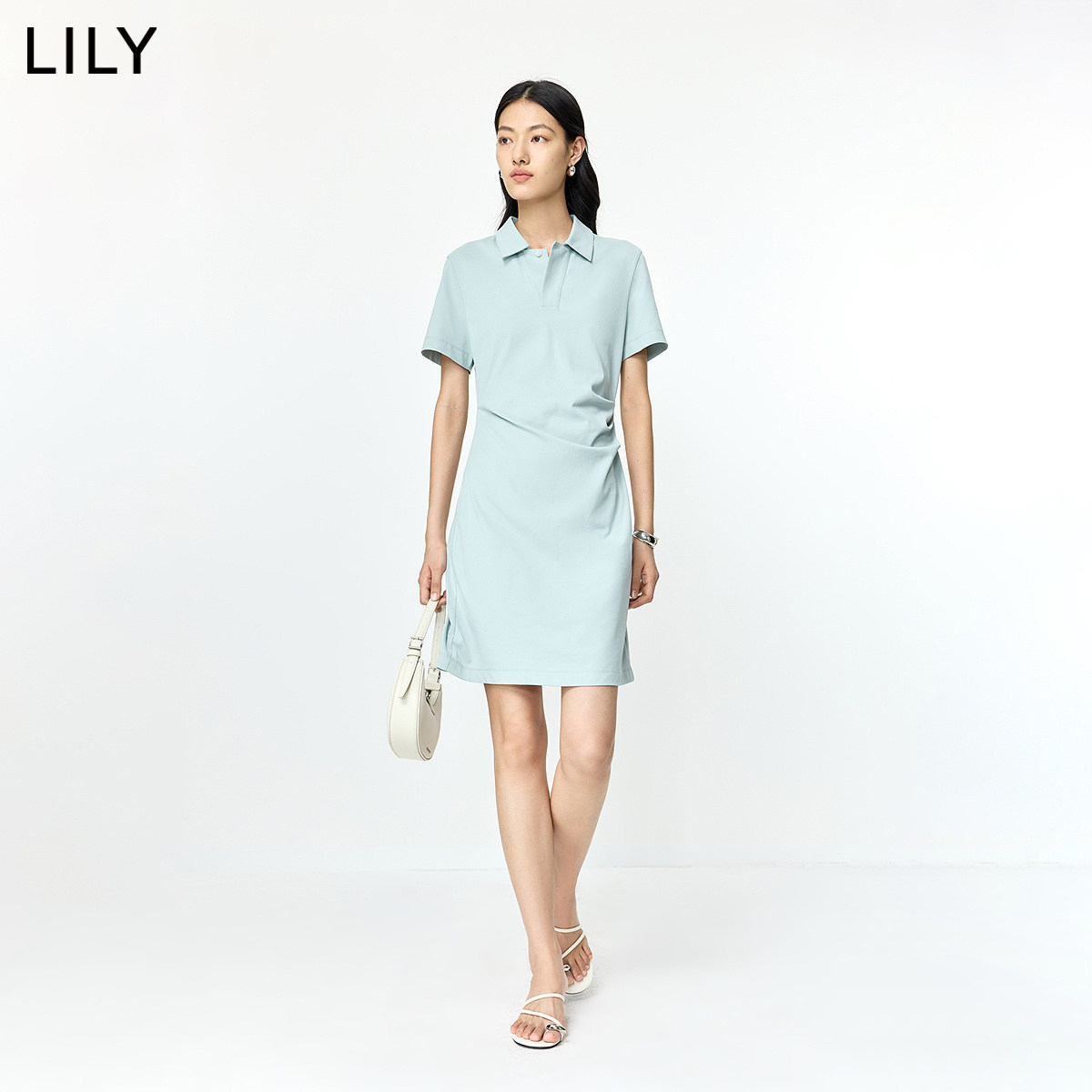 LILY2026夏新款女装简约翻领休闲气质通勤收腰浅色短袖连衣裙短裙