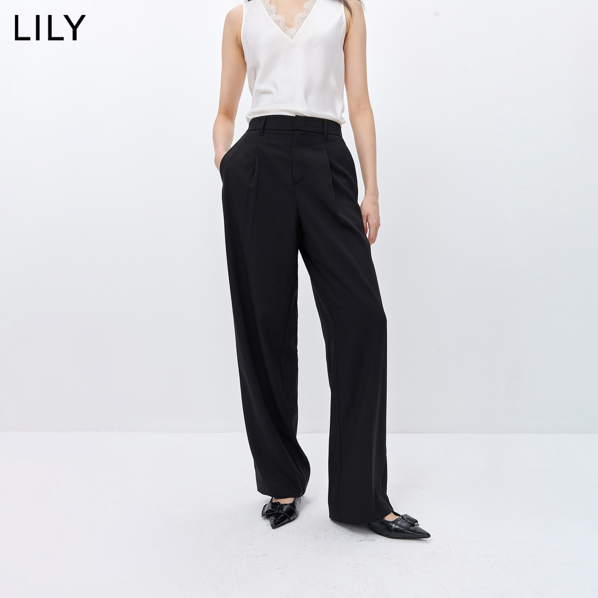 LILY2026春新款老钱风复古知性气质通勤休闲百搭单褶西裤阔腿裤女