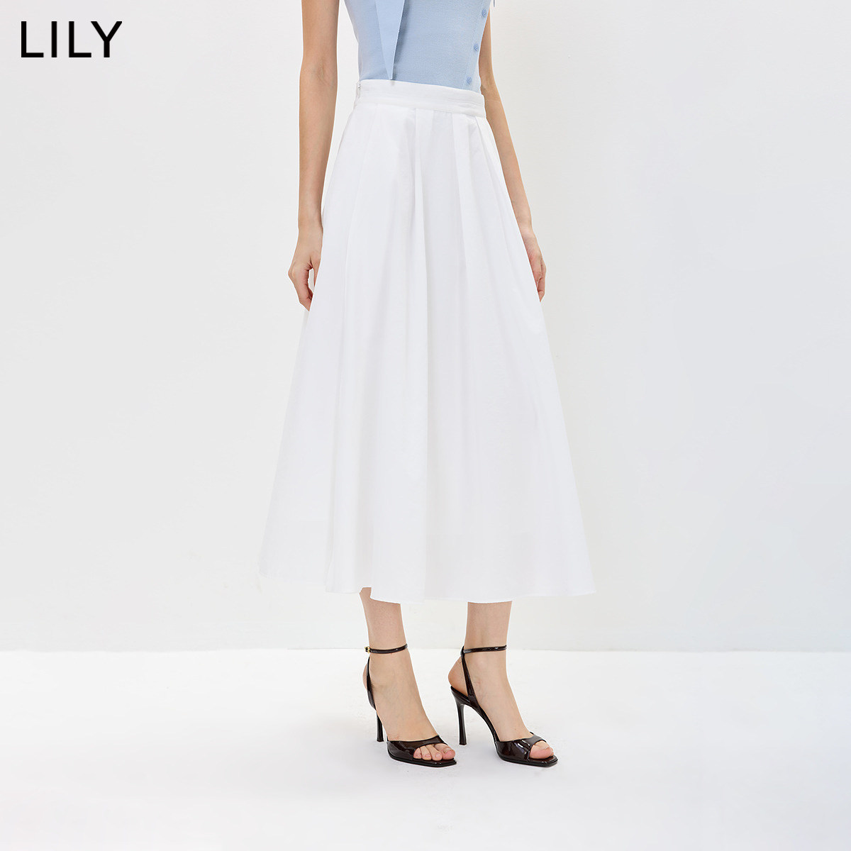 LILY秋新中高腰百褶A字半身裙
