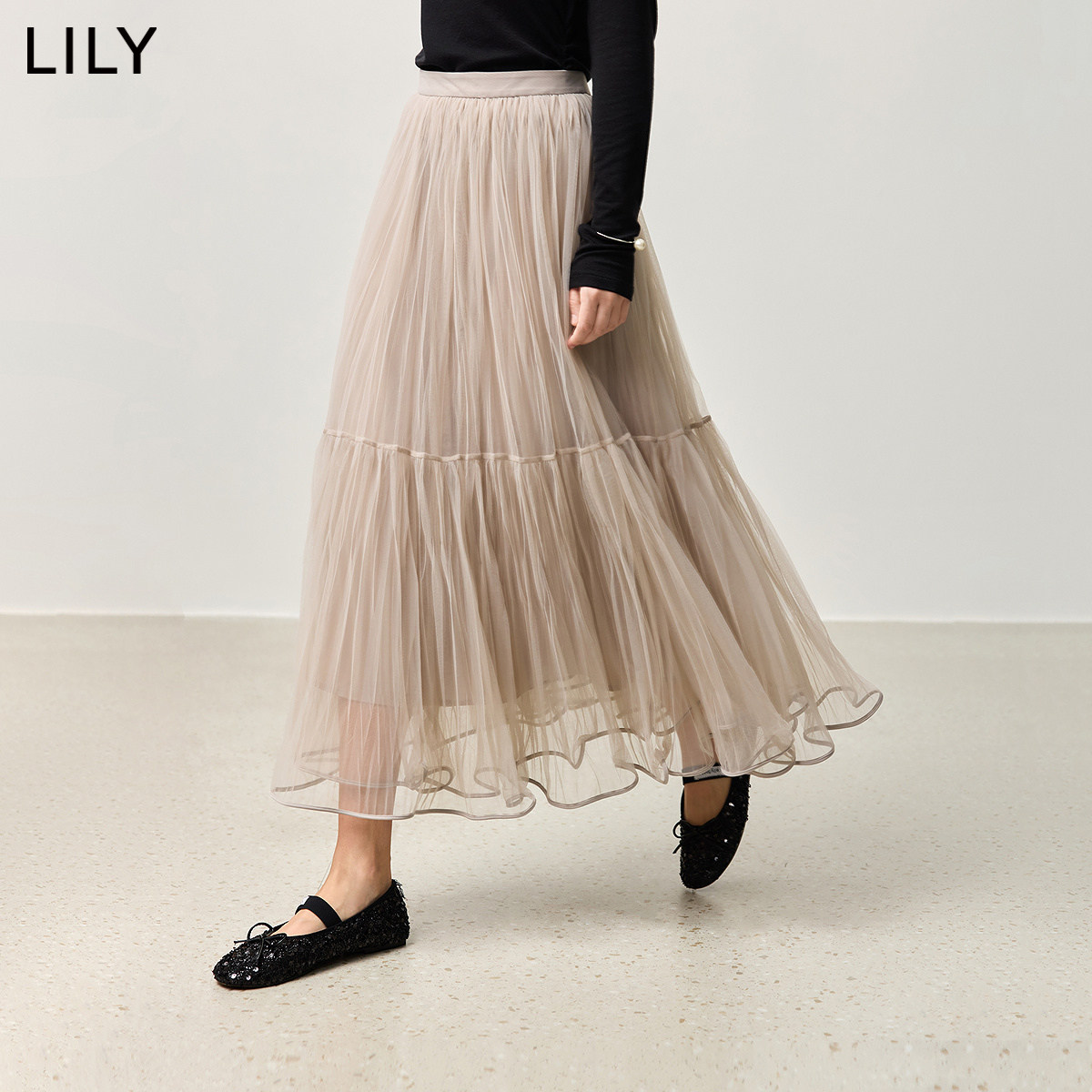 LILY2026春新款女装不规则压褶宽松休闲轻盈蓬松蛋糕裙半身裙长裙