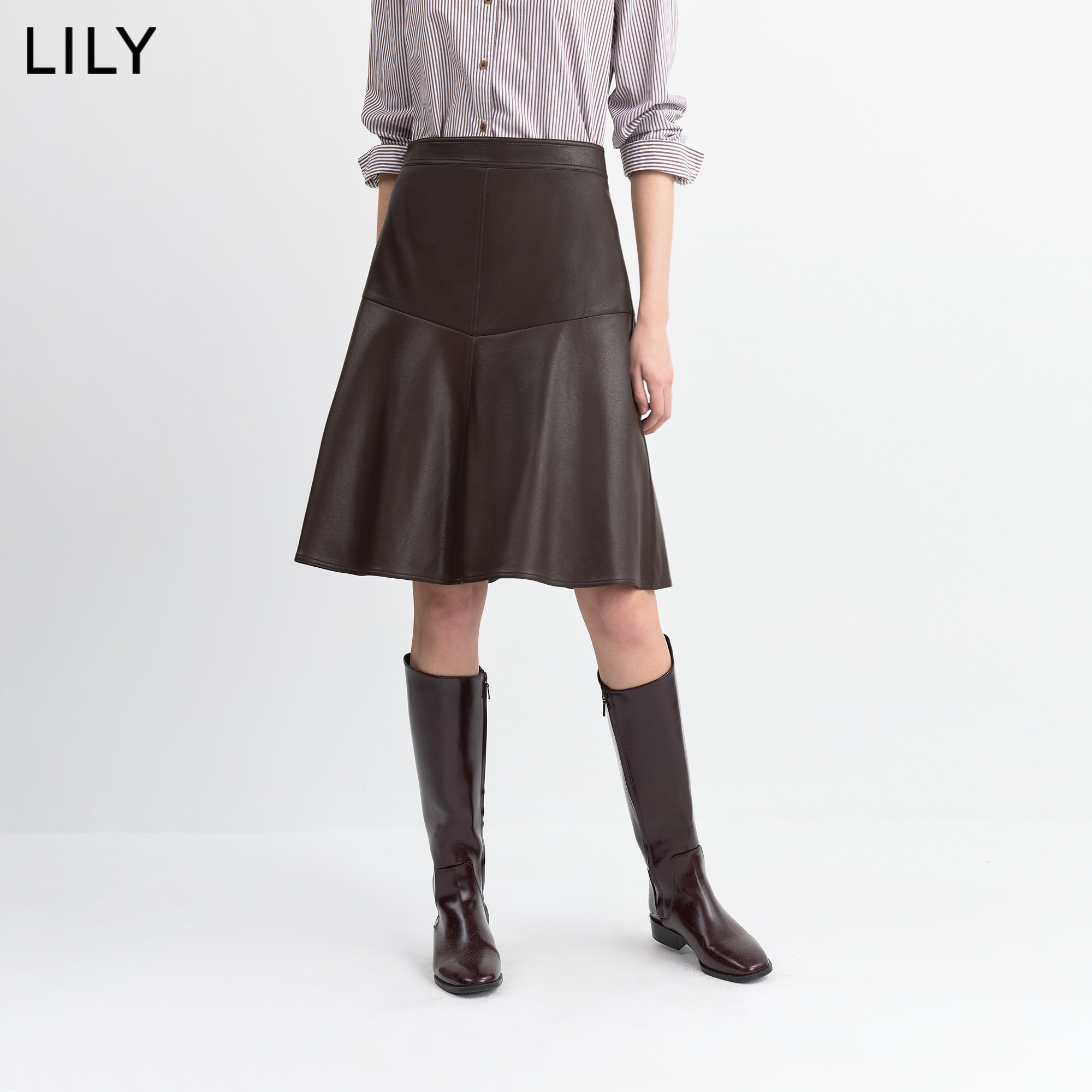 LILY2026冬新款女装宽松高腰休闲通勤深色A字半身裙伞裙女中长款