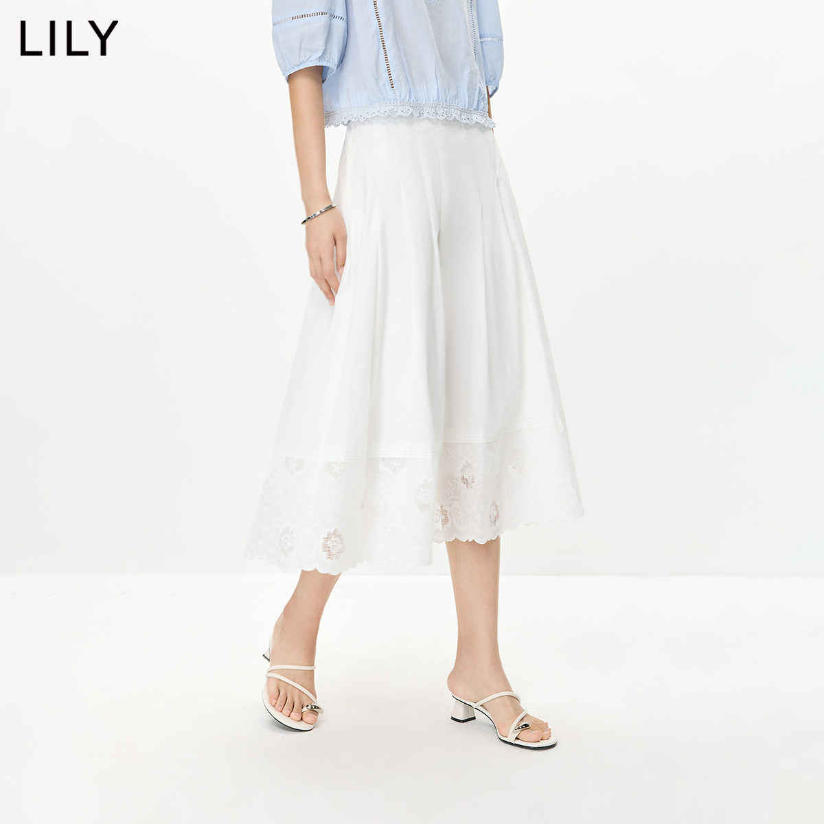 LILY2026夏新款女装法式重工蕾丝刺绣宽松气质通勤白色半身裙伞裙
