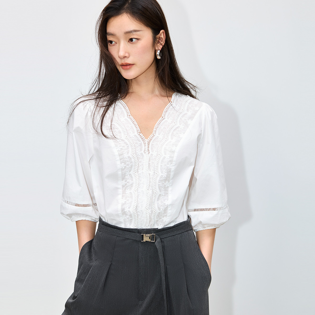 LILY法式V领重工全棉泡泡袖雪纺