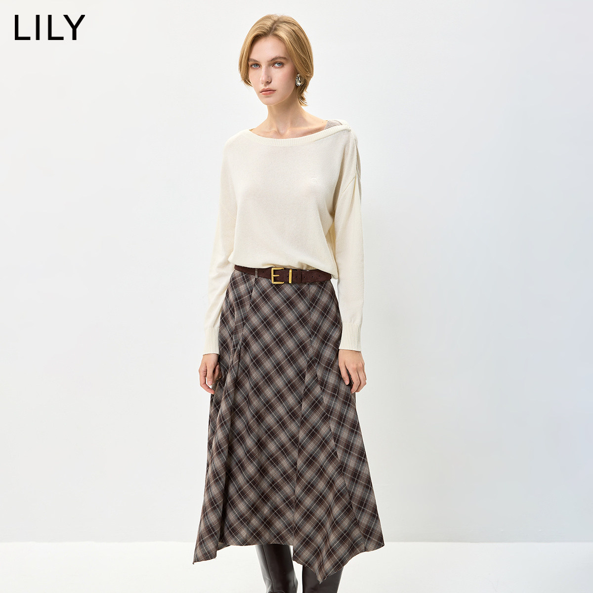 LILY2026秋新款女装羊毛混纺松弛感撞色一字领浅色套头针织衫毛衣