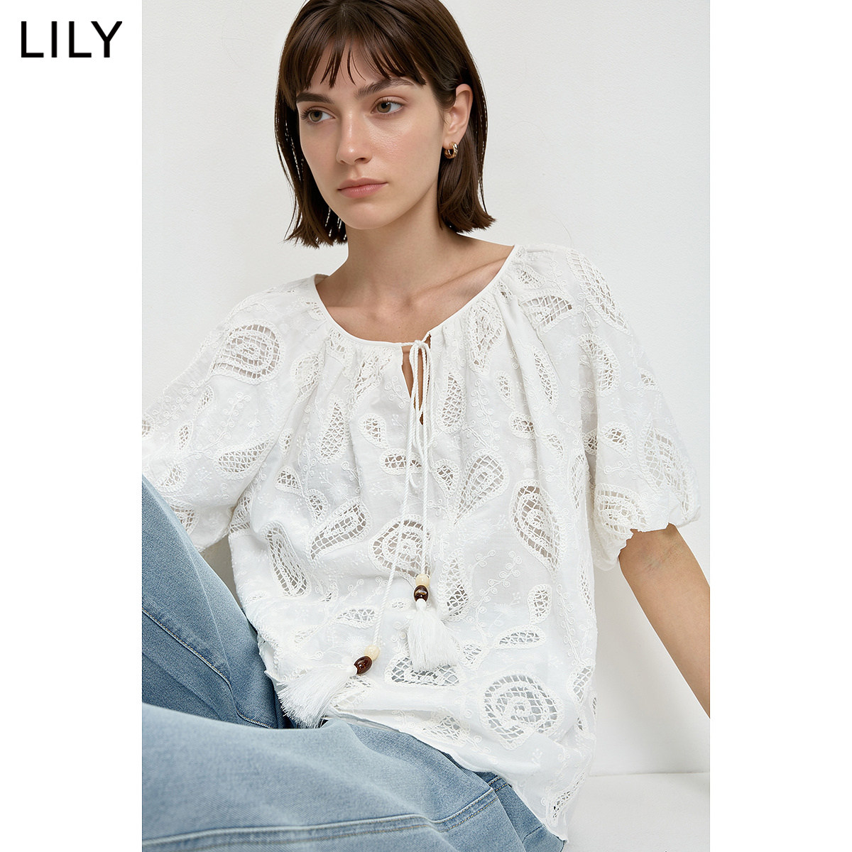LILY2026夏新款纯棉法式重工腰果花绣花流苏宽松气质白色套头衫女