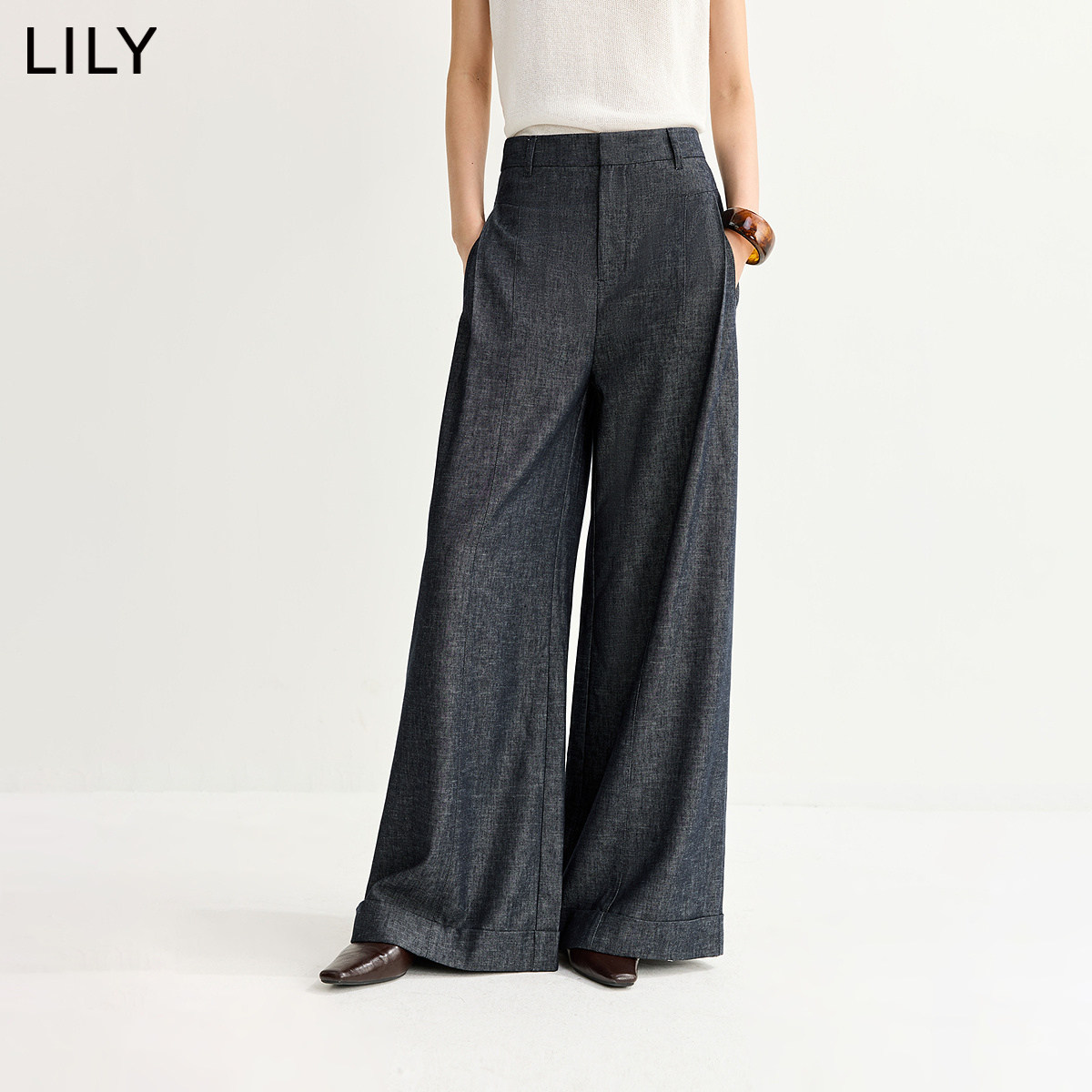 LILY夏新款亚麻混纺通勤阔腿裤