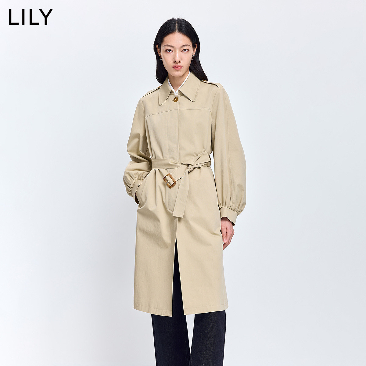 LILY2026春新款女装复古翻领正肩腰带宽松通勤A字风衣外套中长款