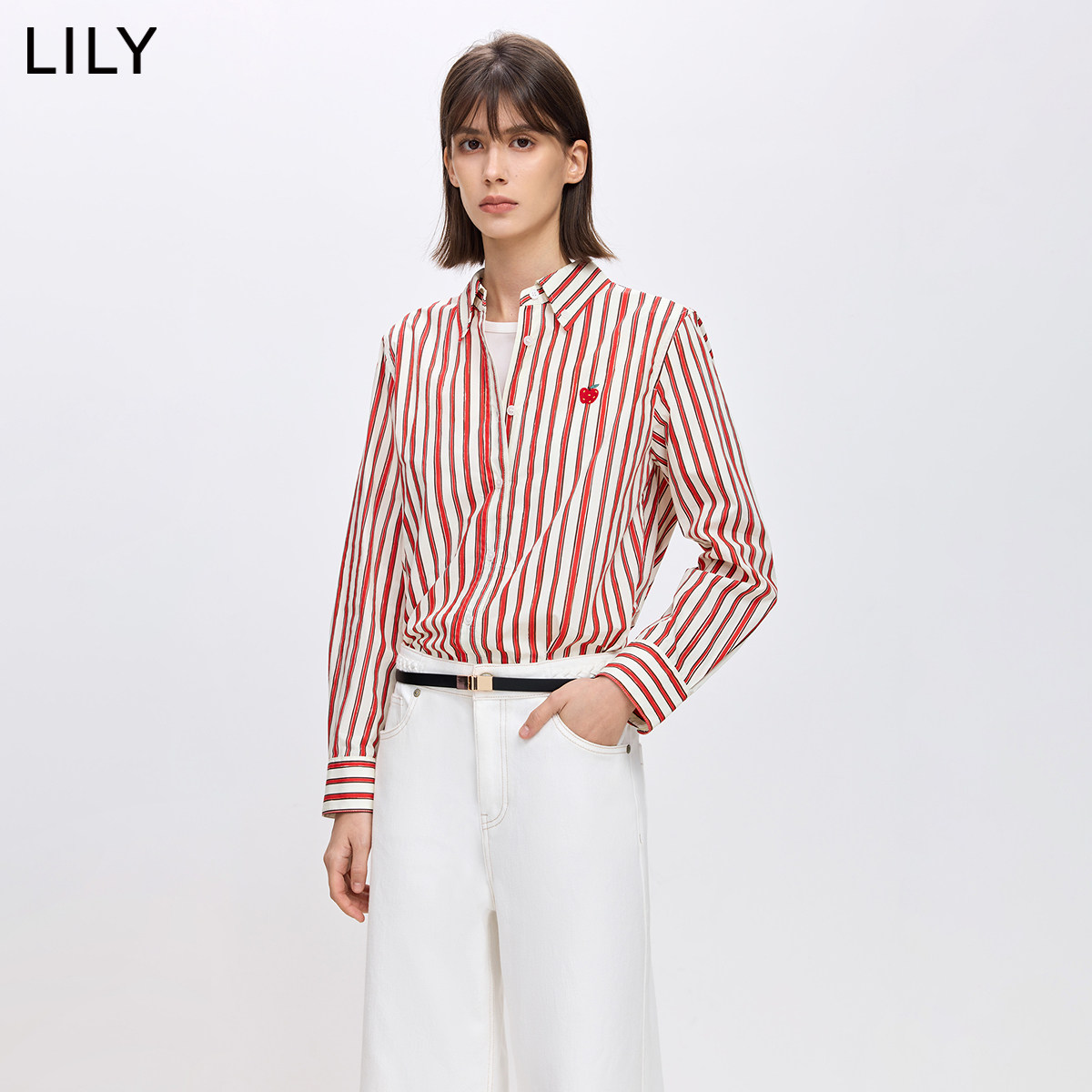 LILY2026春新款女装全棉手绘条纹圣诞新年平安果苹果刺绣衬衫外套