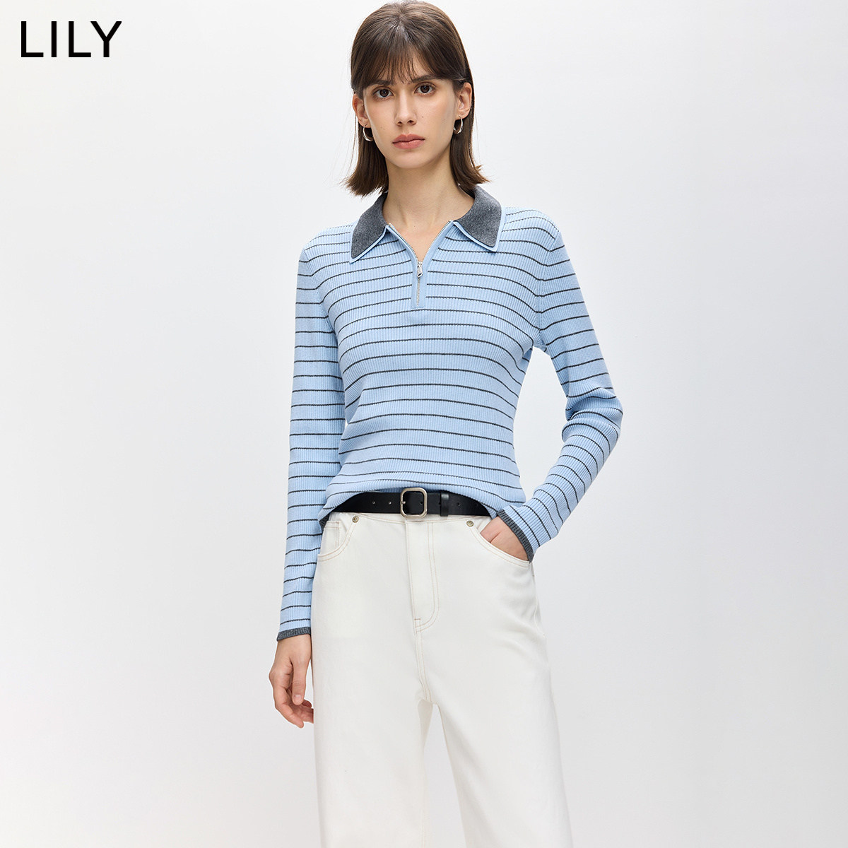 LILY2026春新款羊毛混纺撞色拉链POLO领条纹修身套头针织衫毛衣女