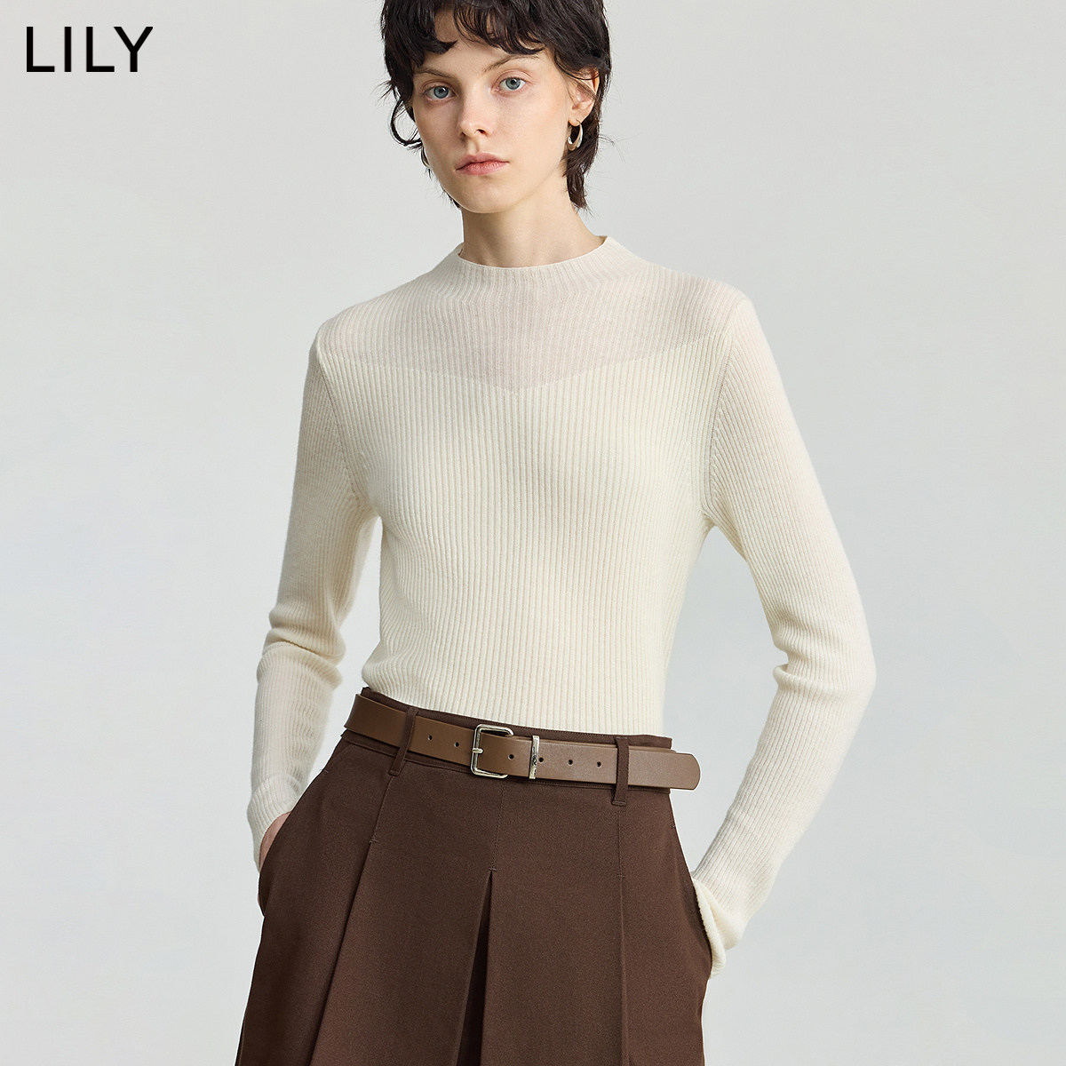 100%羊毛LILY2026冬新款女装半高领修身弹力气质针织衫毛衣打底衫